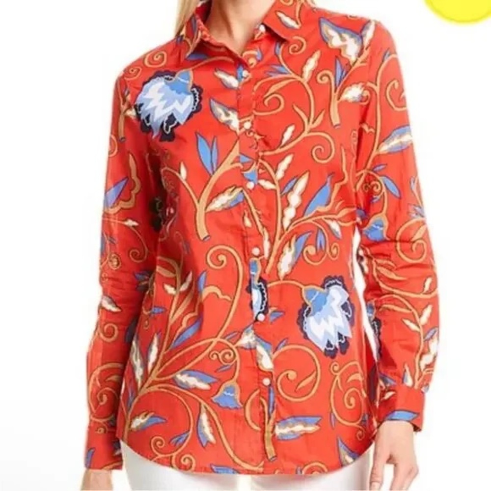 J. McLaughlin Lois Red Printed Button Down Cotton Top Size M